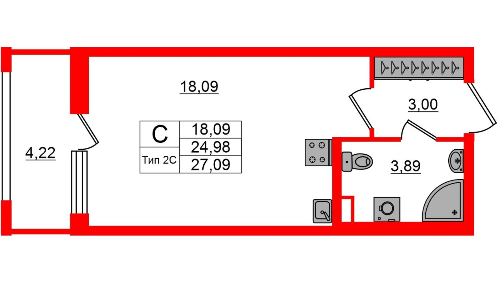 Планировка: студия, 25,0 м²