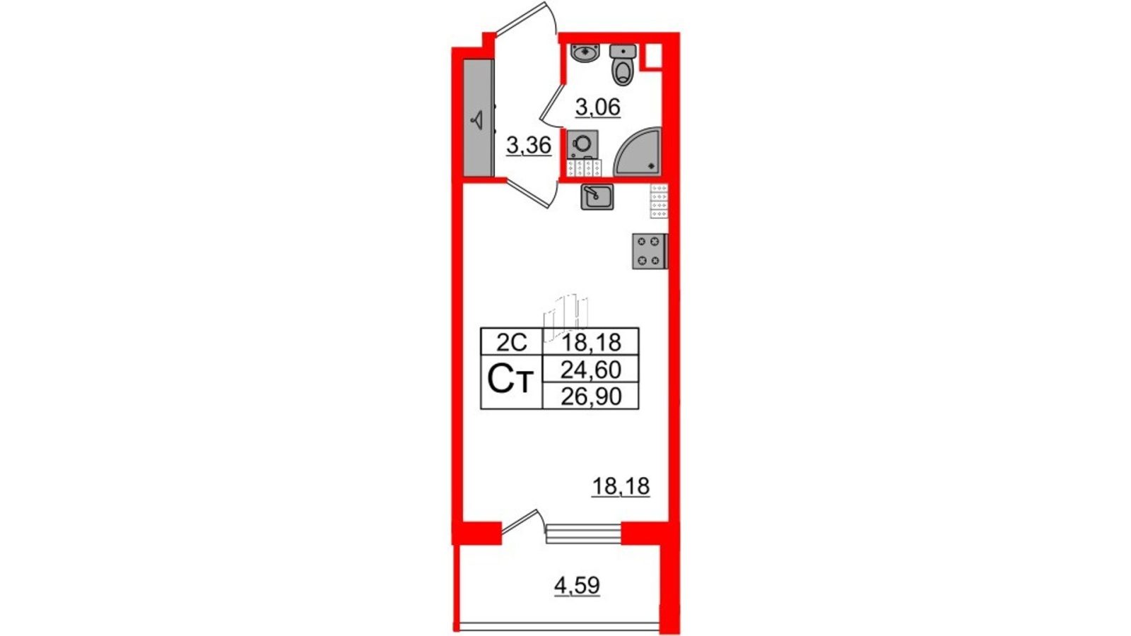 Планировка: студия, 24,6 м²