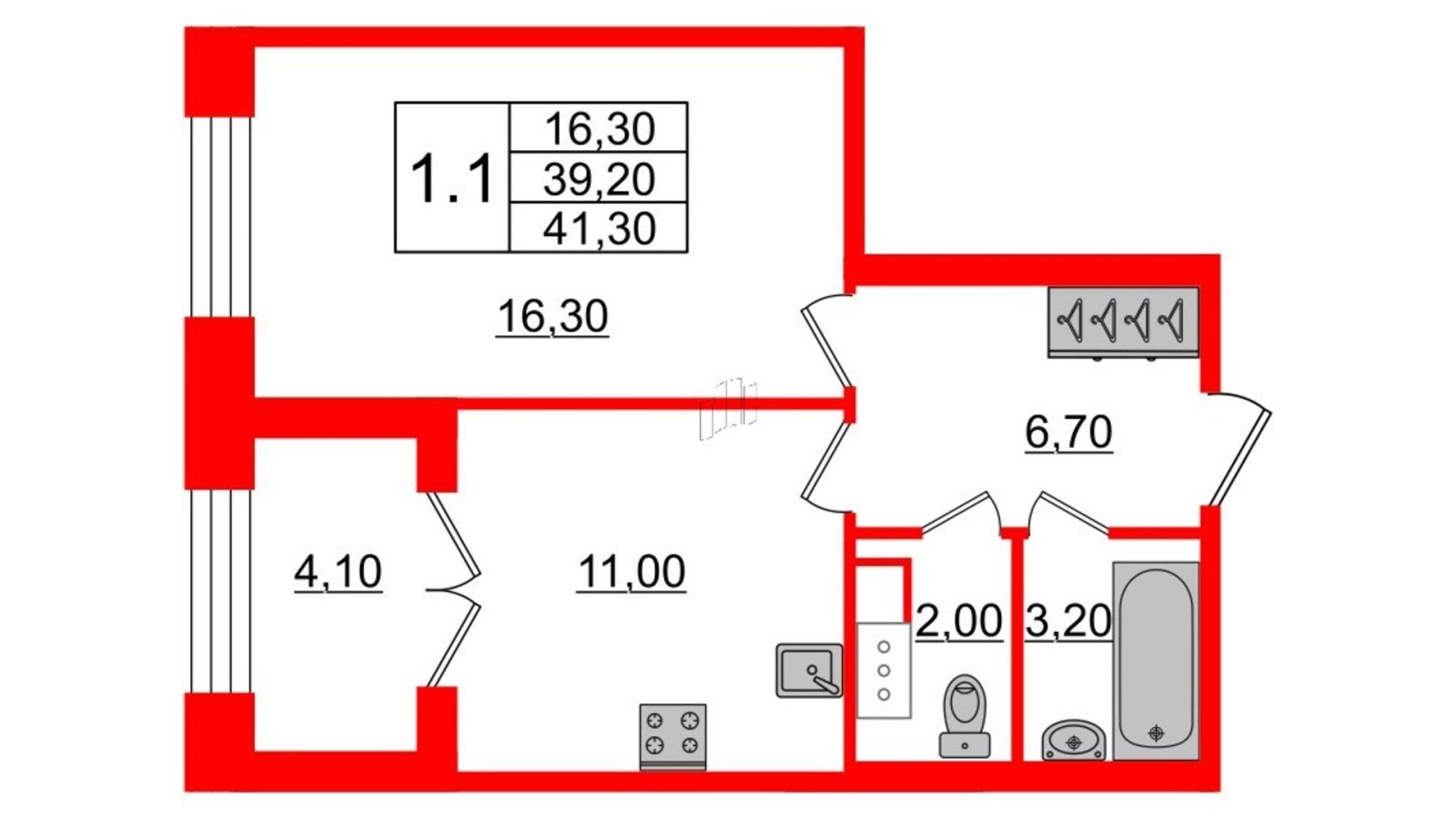 Планировка: 1-комнатная квартира, 39,2 м²