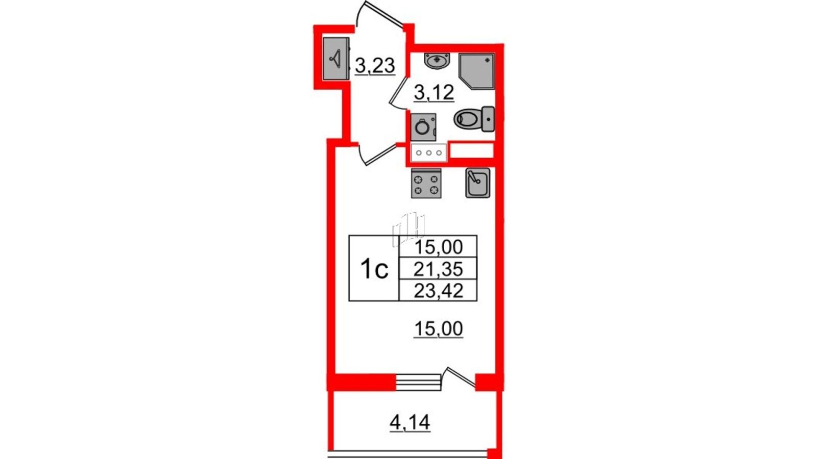 Планировка: студия, 21,4 м²
