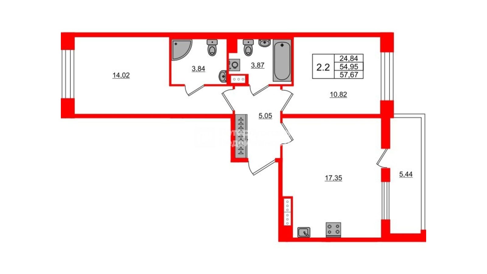 Планировка: 2-комнатная квартира, 55,0 м²