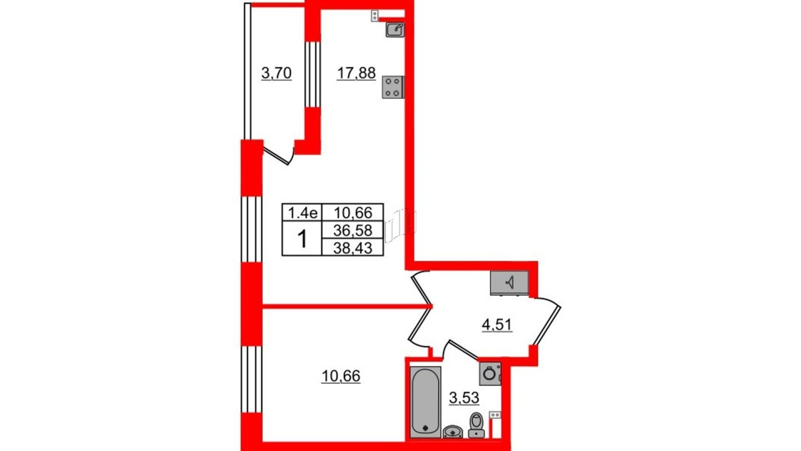Планировка: 1-комнатная квартира, 36,6 м²