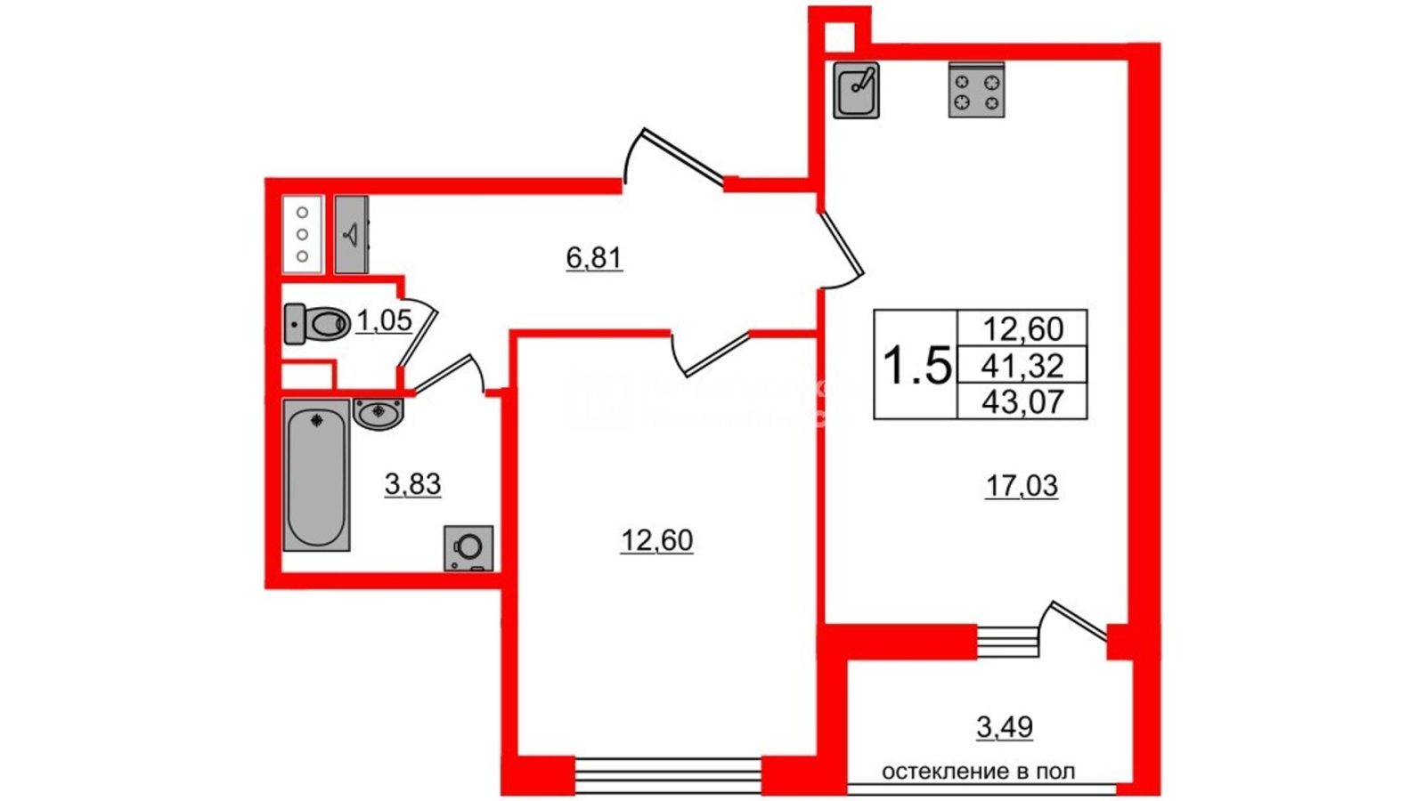 Планировка: 1-комнатная квартира, 41,3 м²