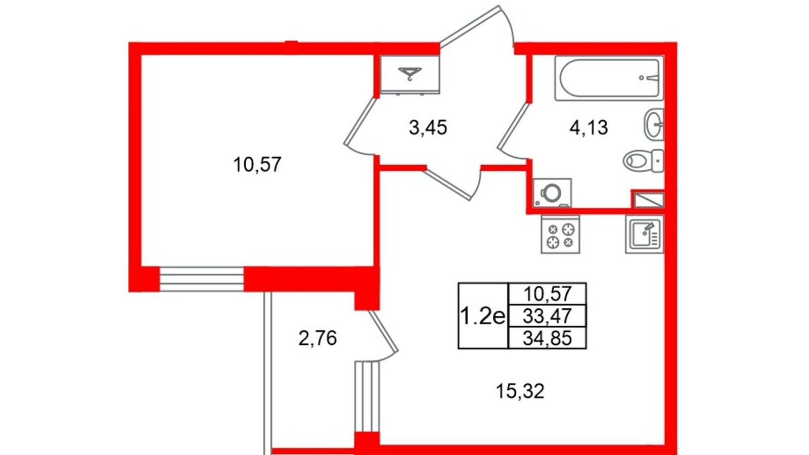 Планировка: 1-комнатная квартира, 33,5 м²