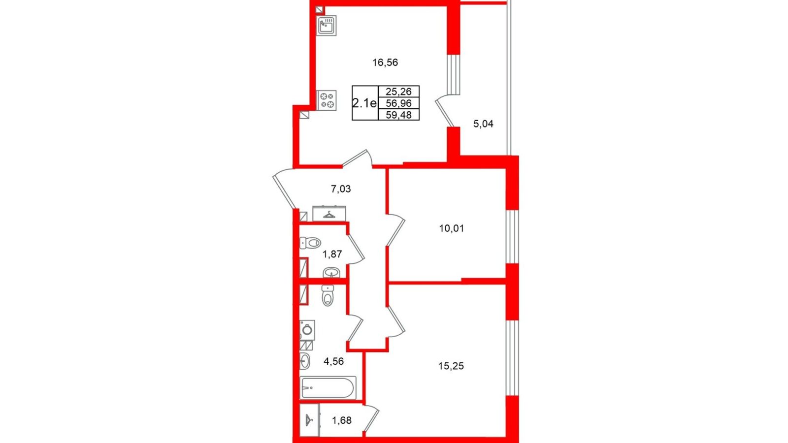 Планировка: 2-комнатная квартира, 57,0 м²