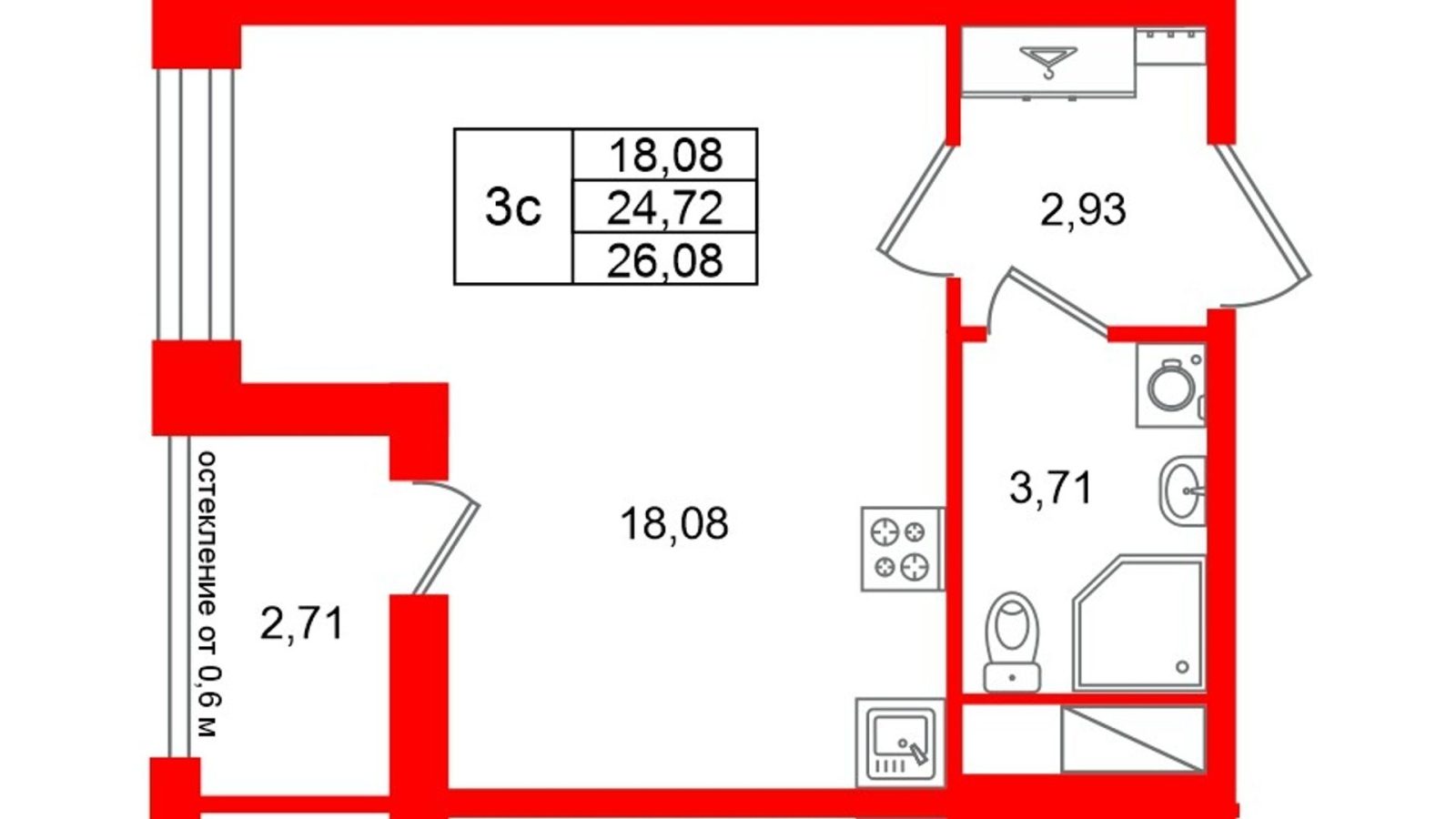 Планировка: студия, 24,7 м²