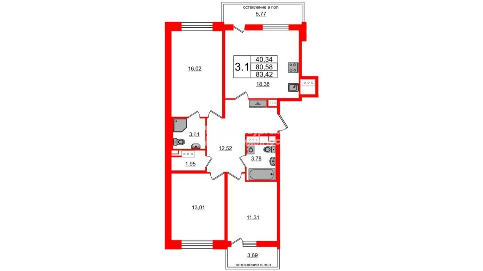 Планировка: 3-комнатная квартира, 80,6 м²