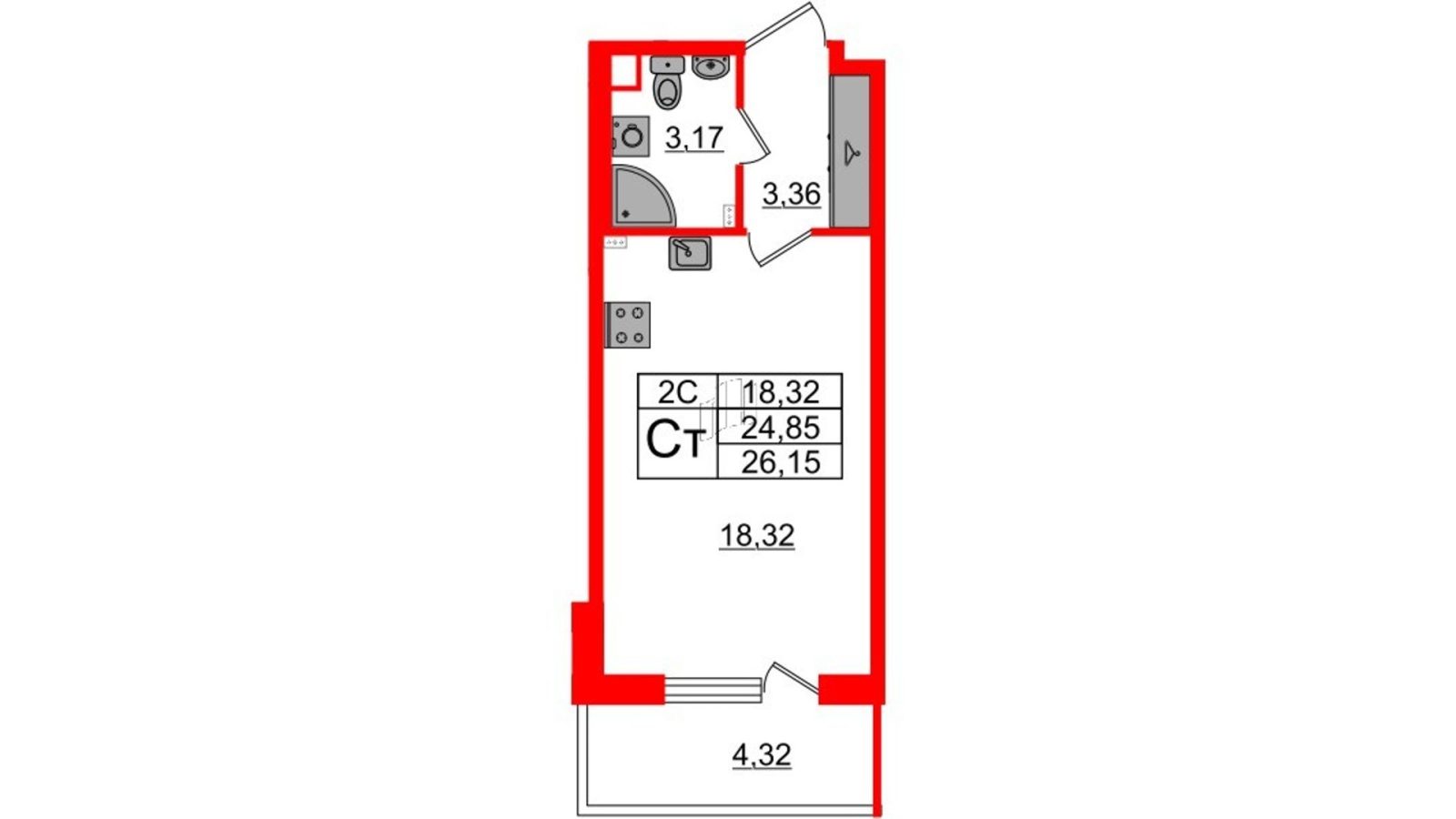 Планировка: студия, 24,9 м²