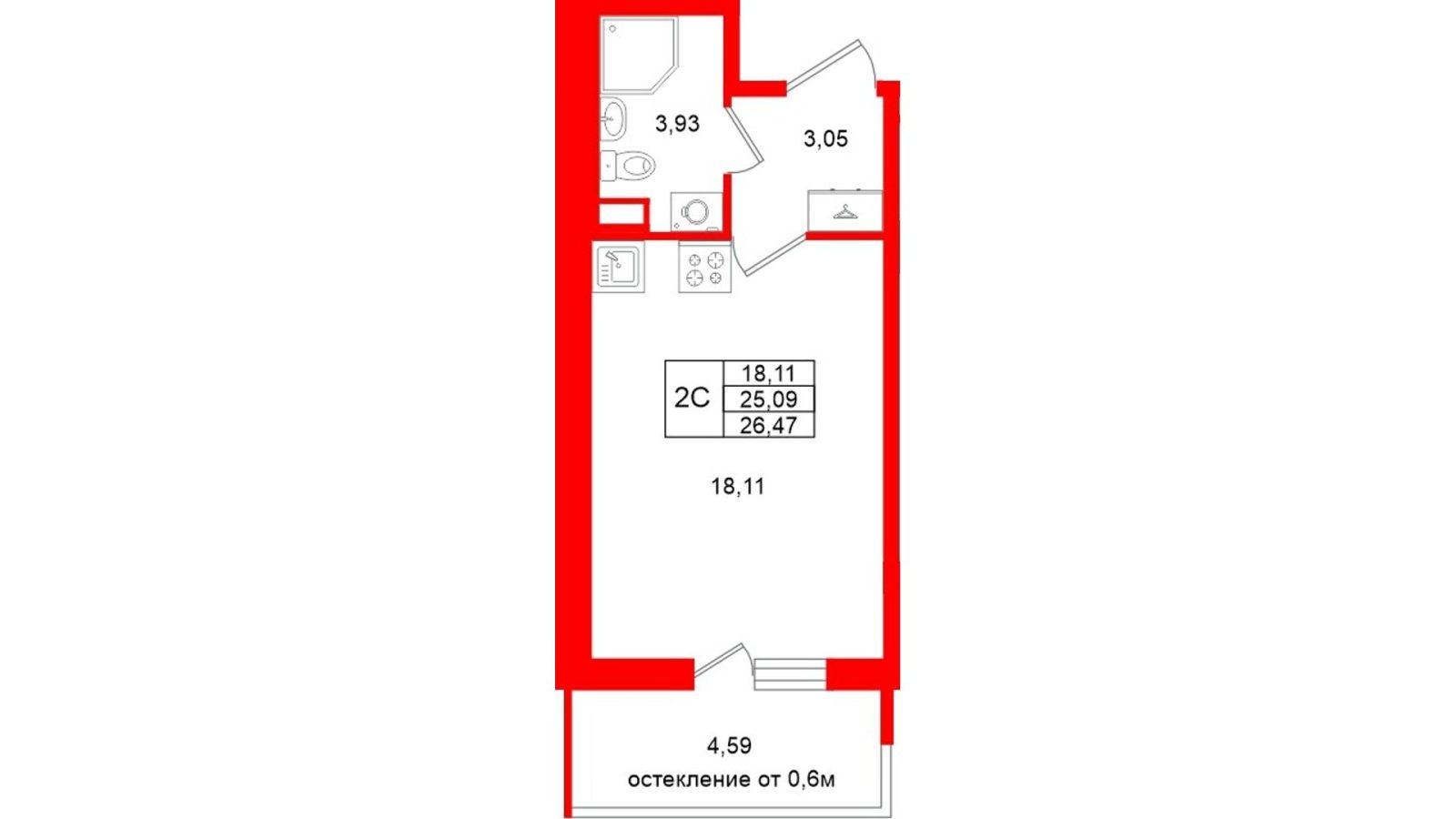 Планировка: студия, 25,1 м²