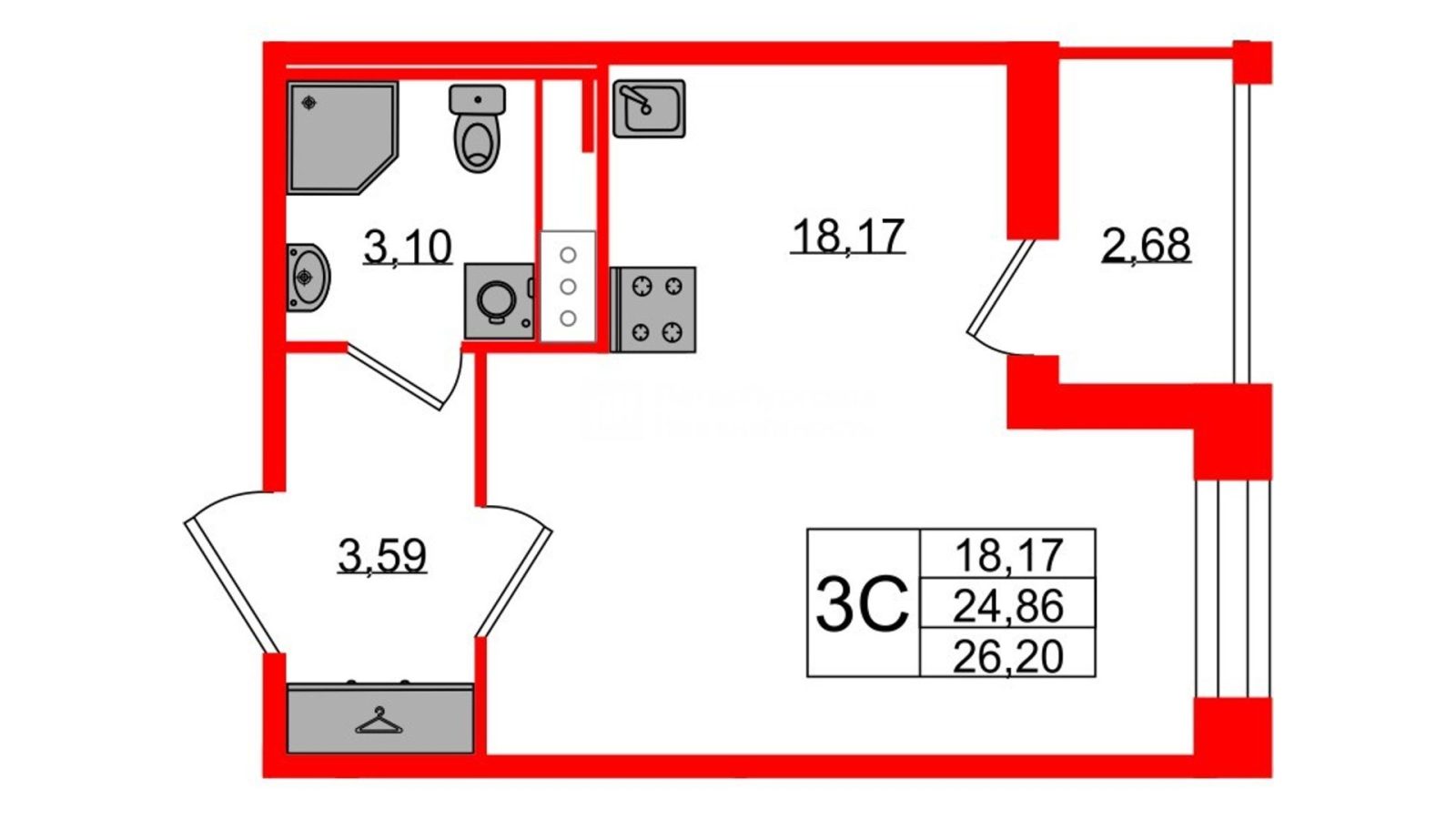 Планировка: студия, 24,9 м²