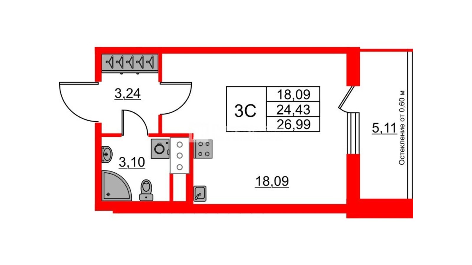 Планировка: студия, 24,4 м²