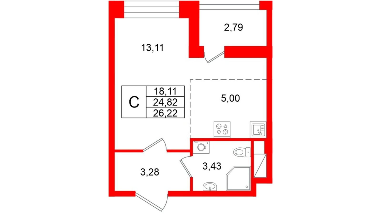Планировка: студия, 24,8 м²