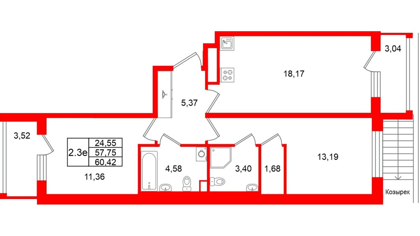Планировка: 2-комнатная квартира, 57,8 м²