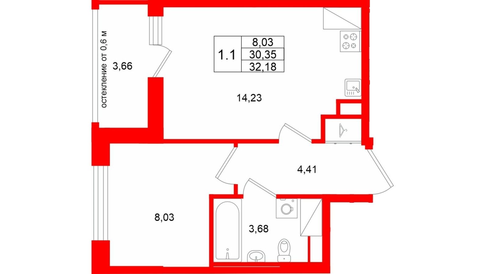 Планировка: 1-комнатная квартира, 30,4 м²