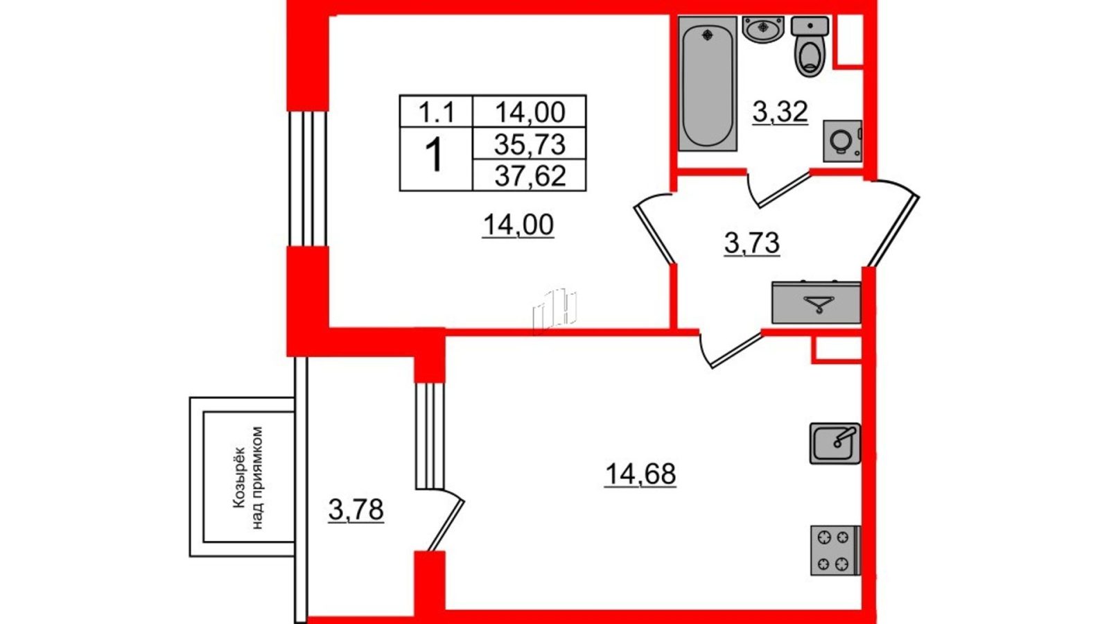 Планировка: 1-комнатная квартира, 35,0 м²
