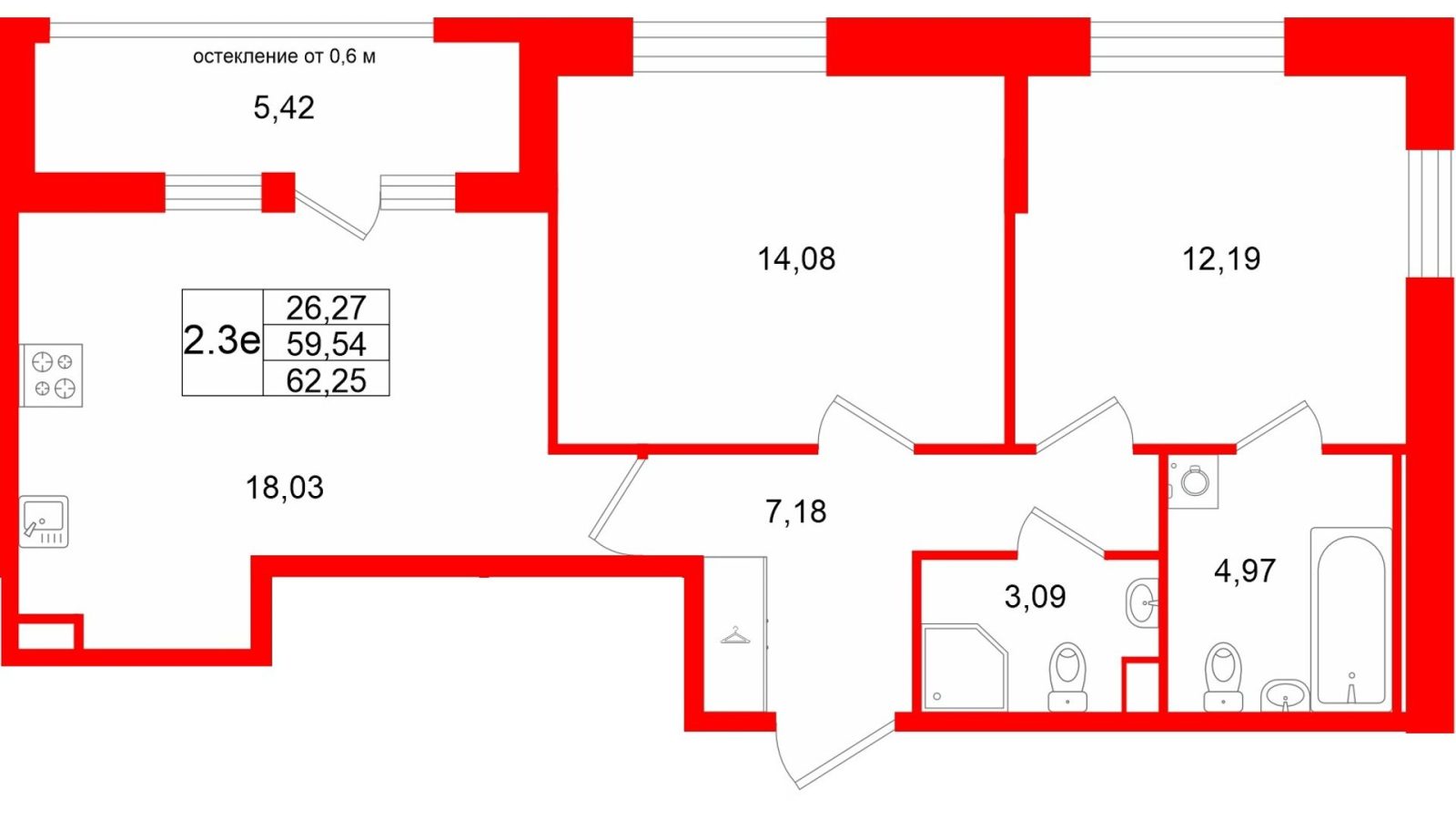 Планировка: 2-комнатная квартира, 59,5 м²
