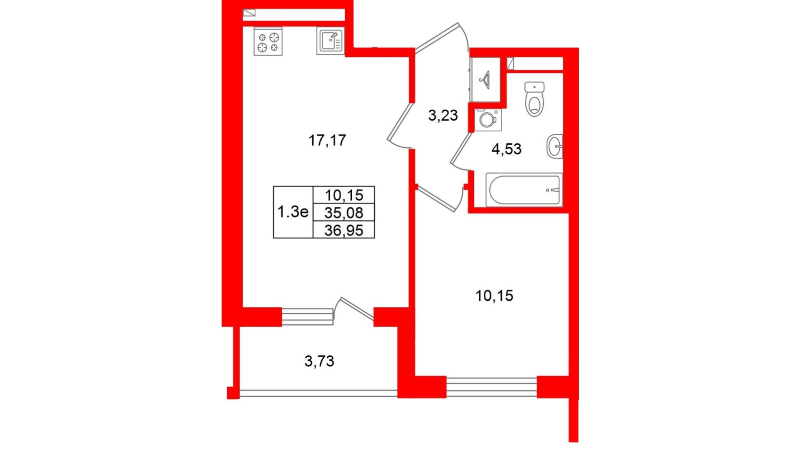 Планировка: 1-комнатная квартира, 35,1 м²