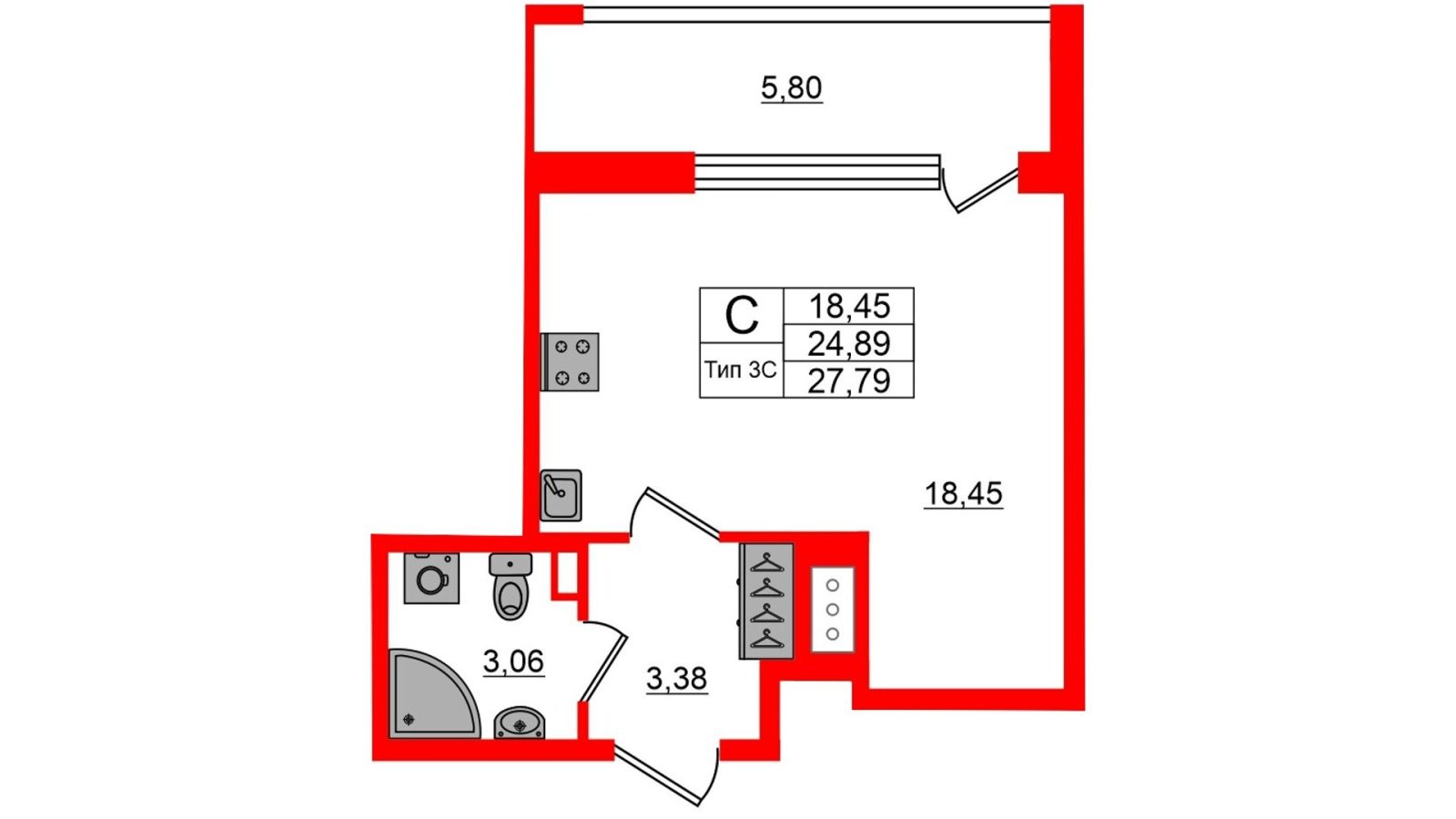 Планировка: студия, 24,9 м²