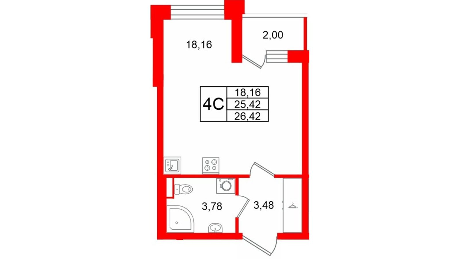 Планировка: студия, 25,4 м²