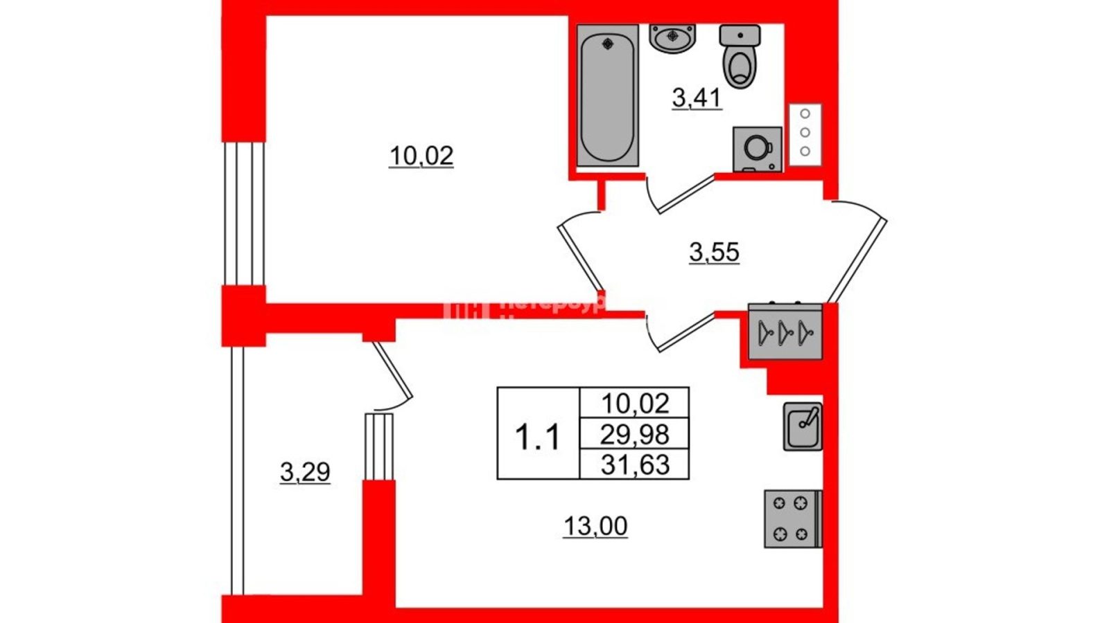 Планировка: 1-комнатная квартира, 30,0 м²
