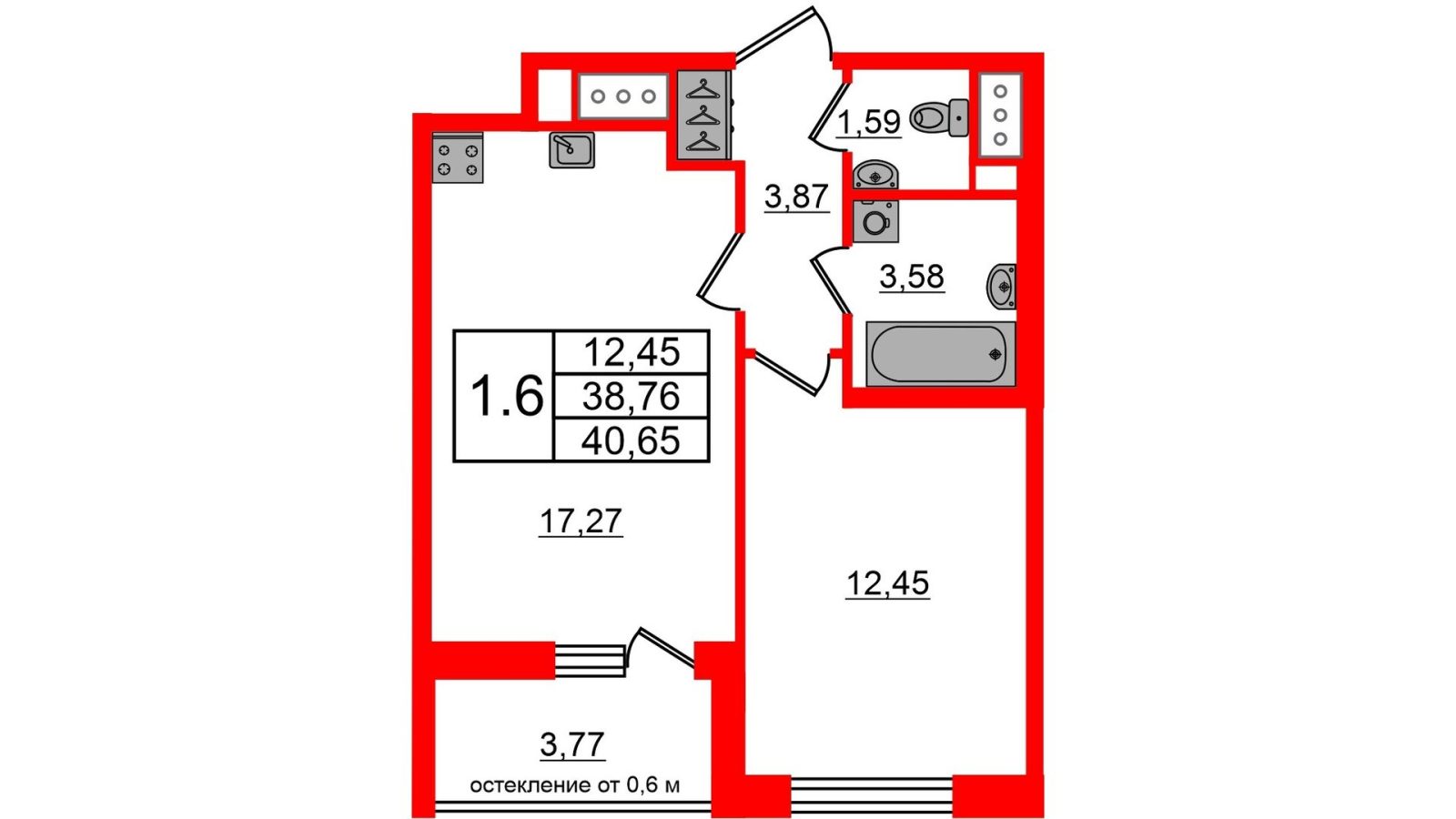 Планировка: 1-комнатная квартира, 38,8 м²