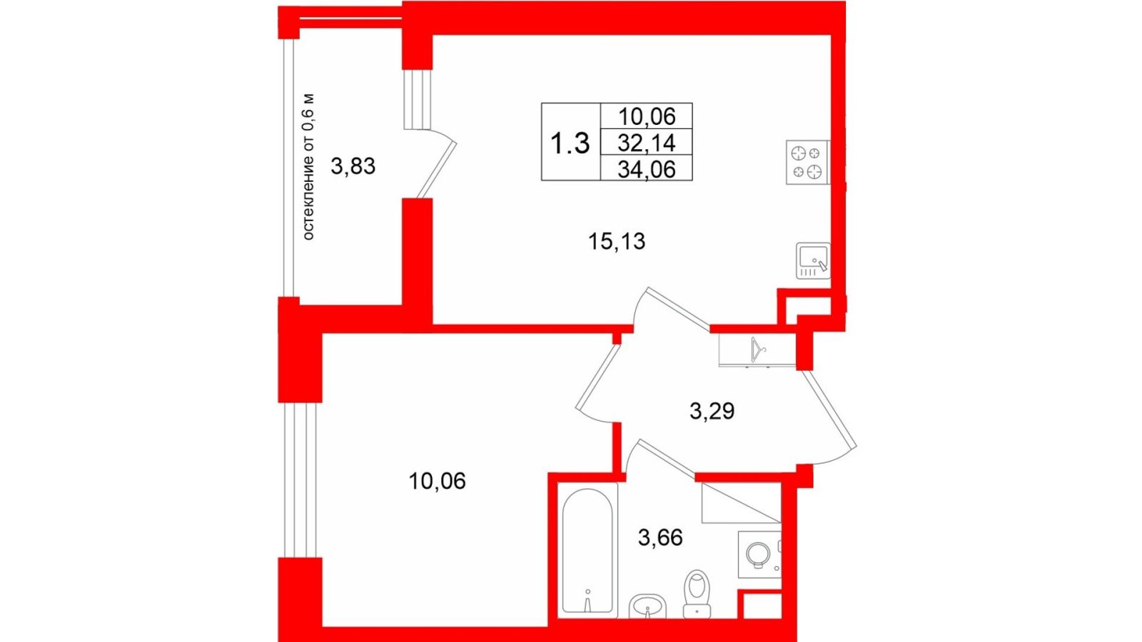 Планировка: 1-комнатная квартира, 32,1 м²