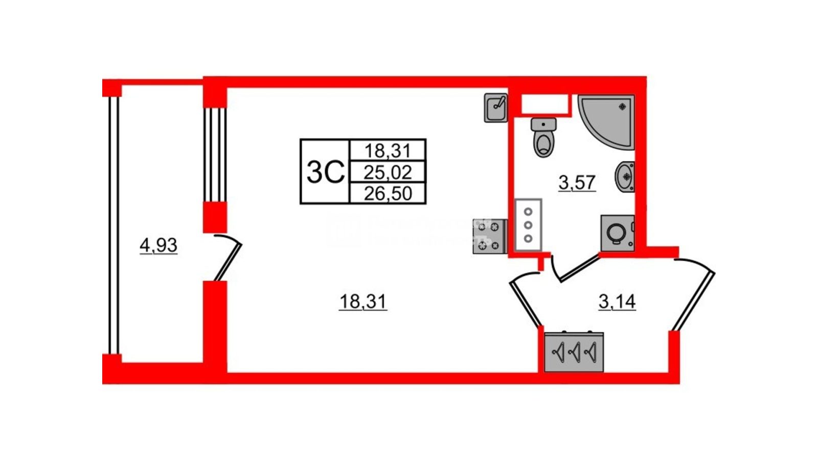 Планировка: студия, 25,0 м²