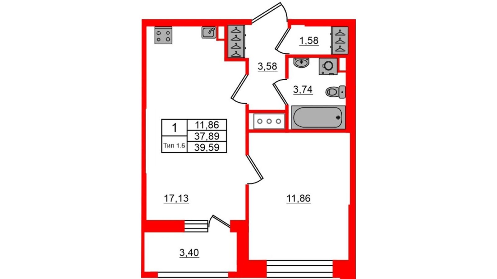 Планировка: 1-комнатная квартира, 37,9 м²