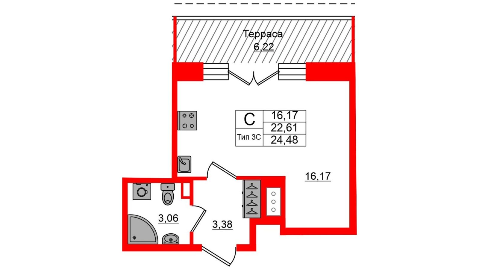 Планировка: студия, 22,6 м²