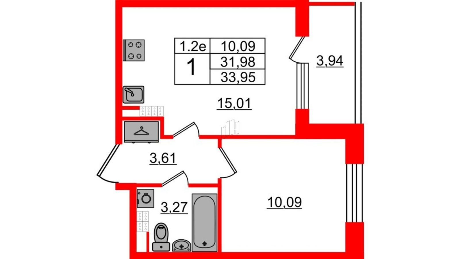 Планировка: 1-комнатная квартира, 31,5 м²