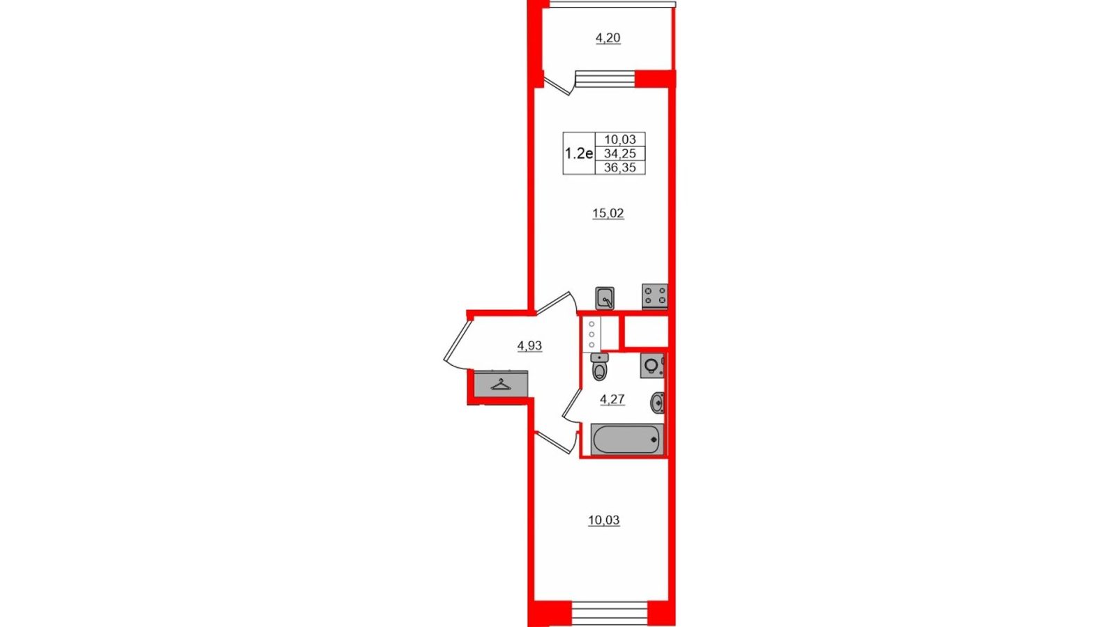 Планировка: 1-комнатная квартира, 34,3 м²