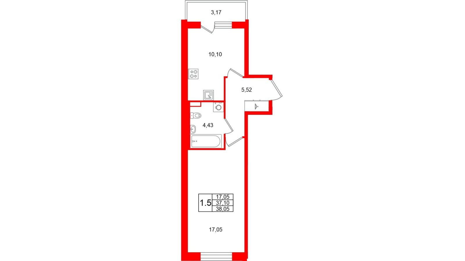 Планировка: 1-комнатная квартира, 37,1 м²