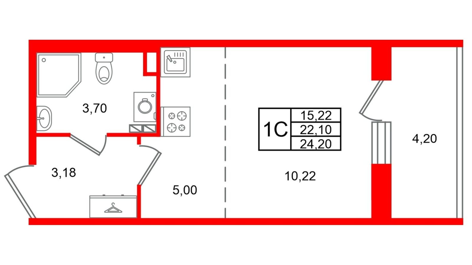 Планировка: студия, 22,1 м²