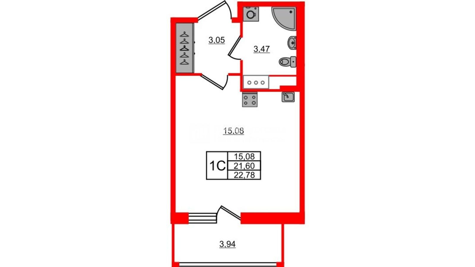 Планировка: студия, 21,6 м²