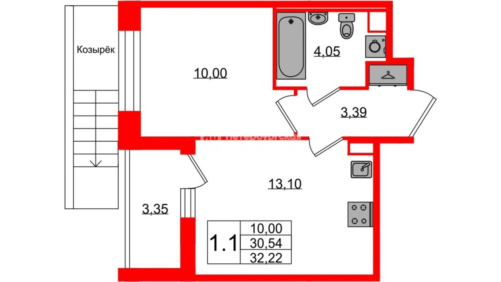 Планировка: 1-комнатная квартира, 30,5 м²