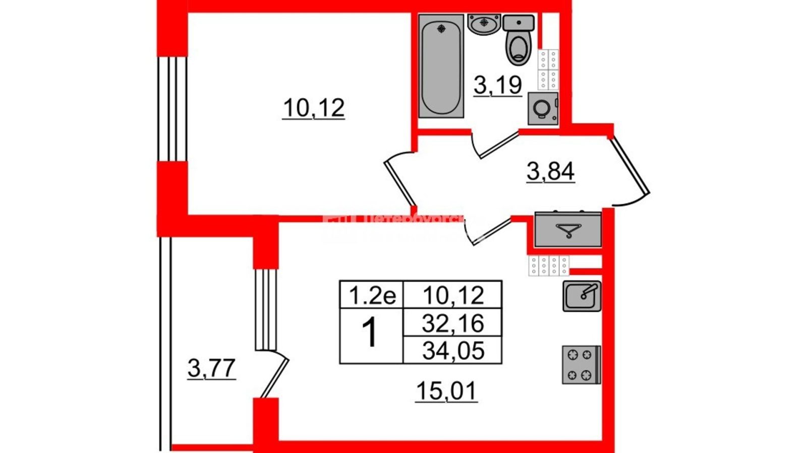 Планировка: 1-комнатная квартира, 31,4 м²