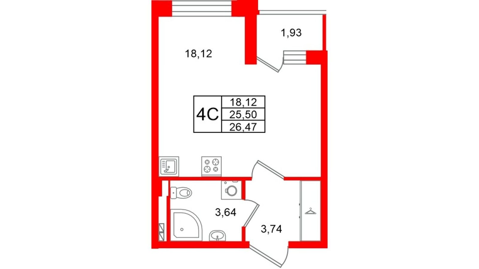 Планировка: студия, 25,5 м²