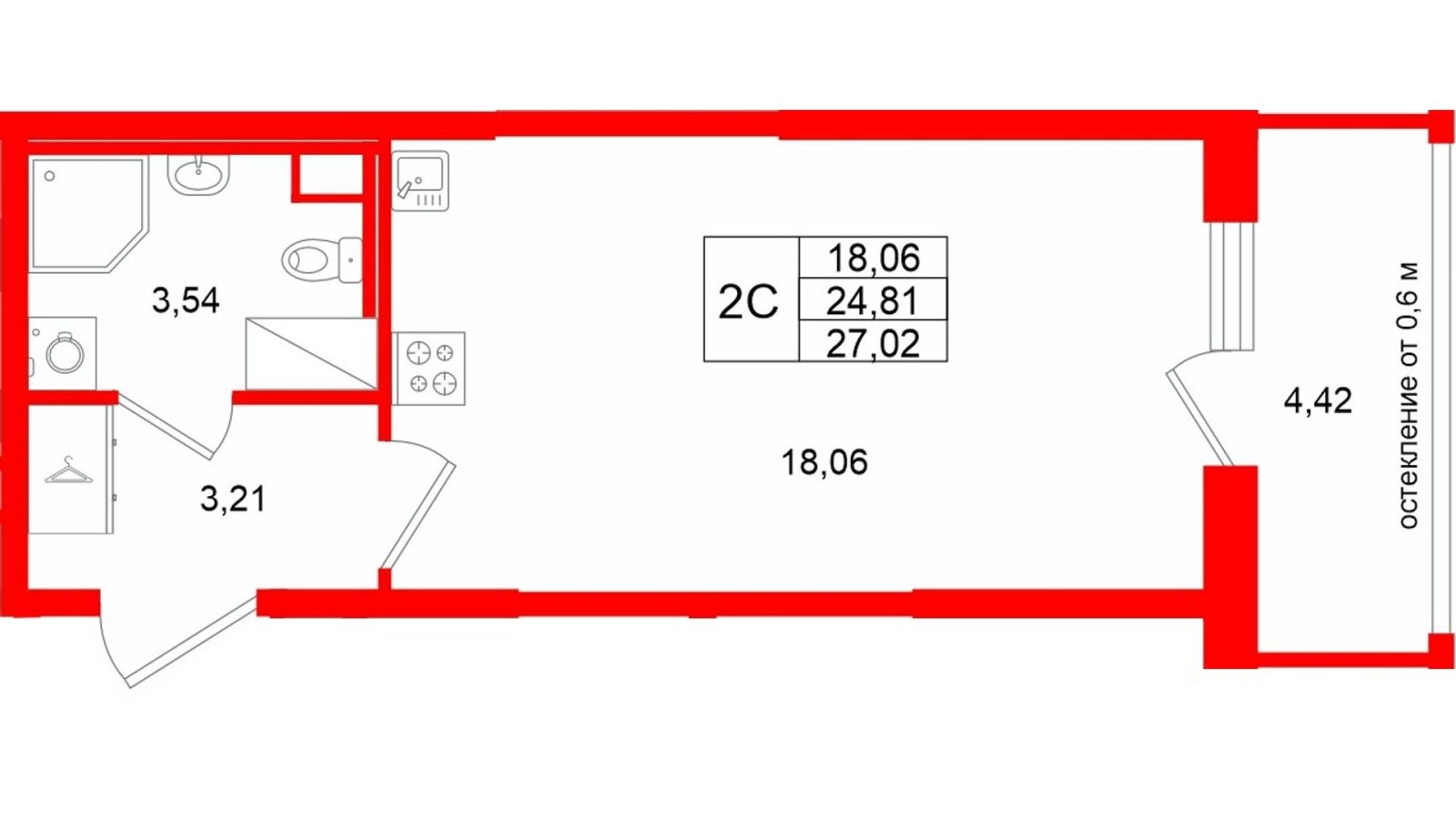 Планировка: студия, 24,8 м²