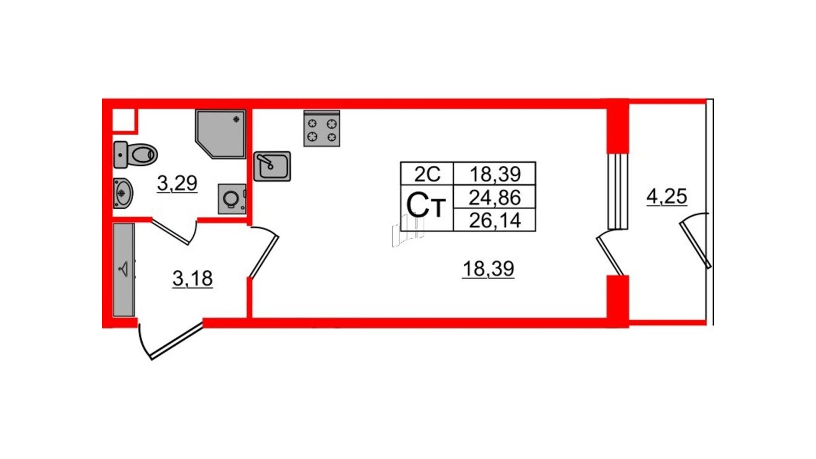 Планировка: студия, 24,6 м²