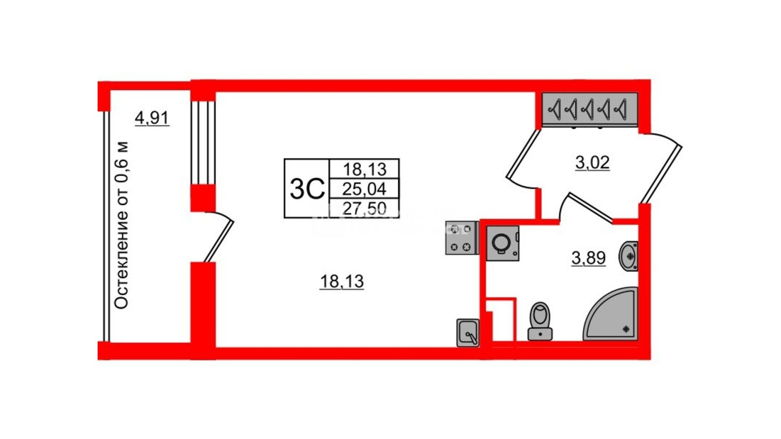 Планировка: студия, 25,0 м²