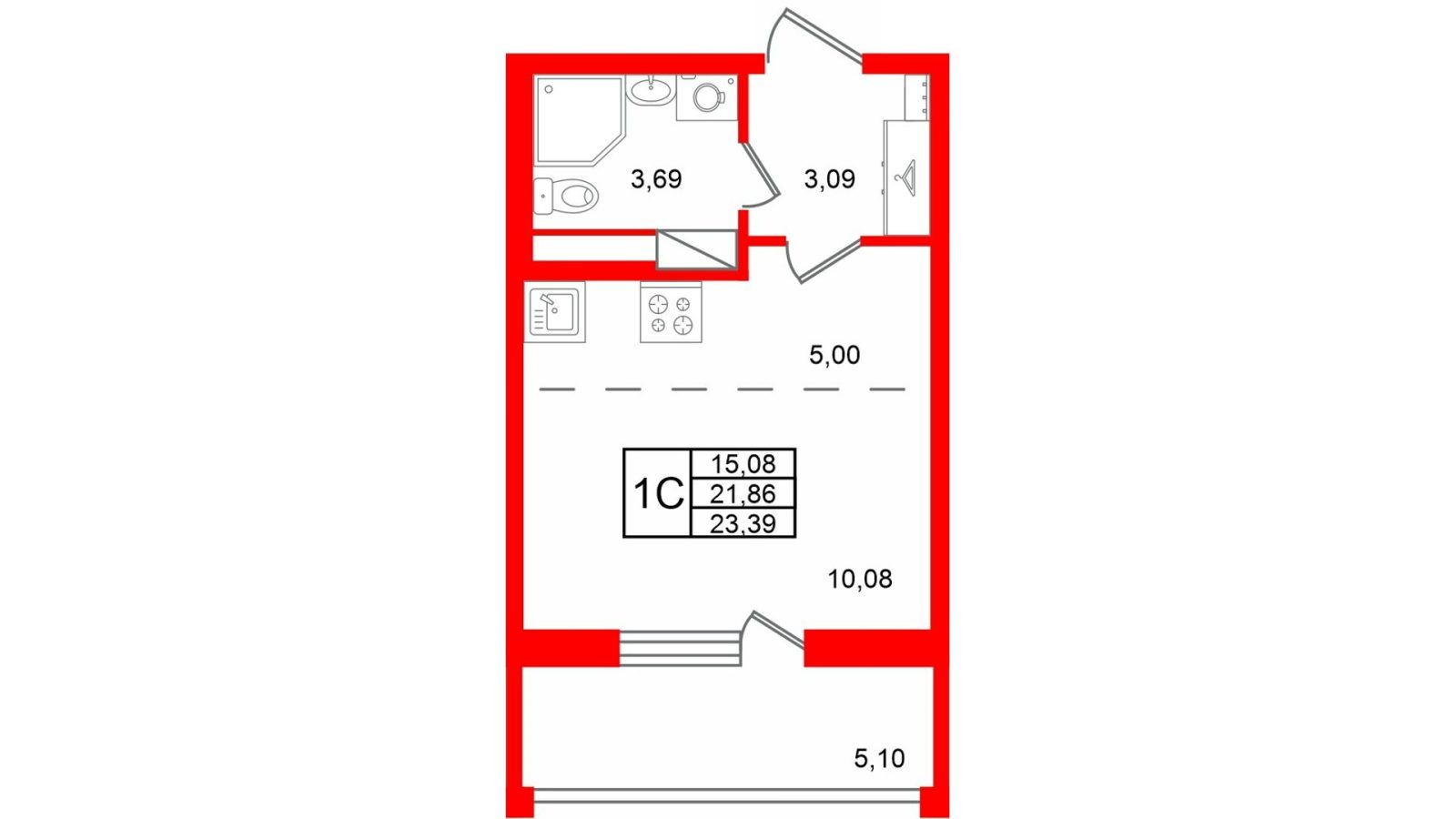 Планировка: студия, 21,9 м²