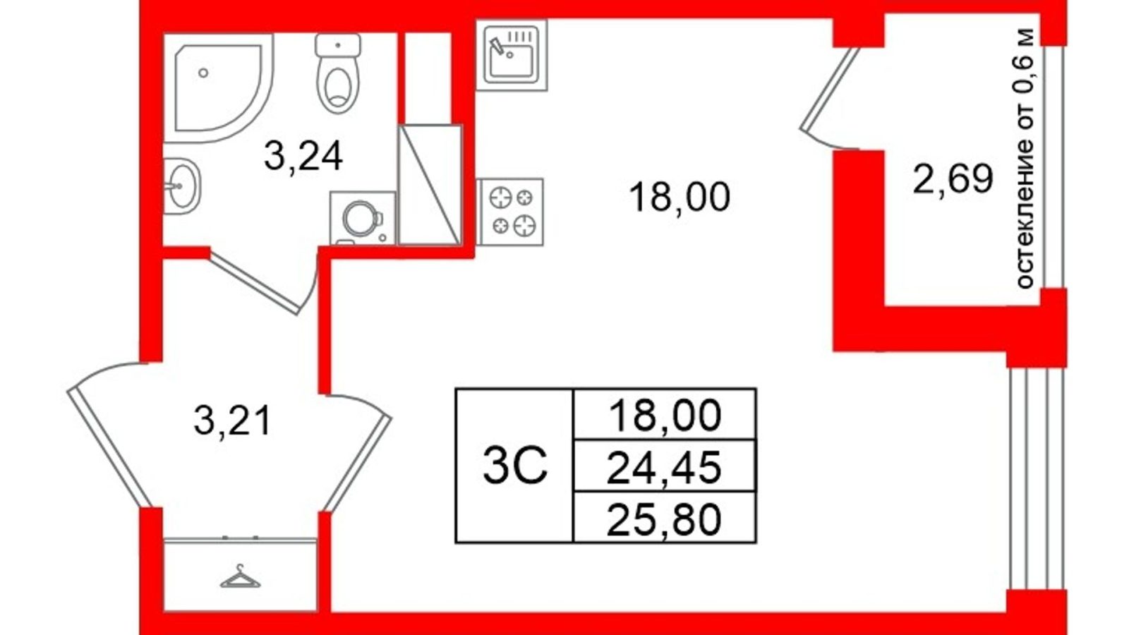 Планировка: студия, 24,5 м²