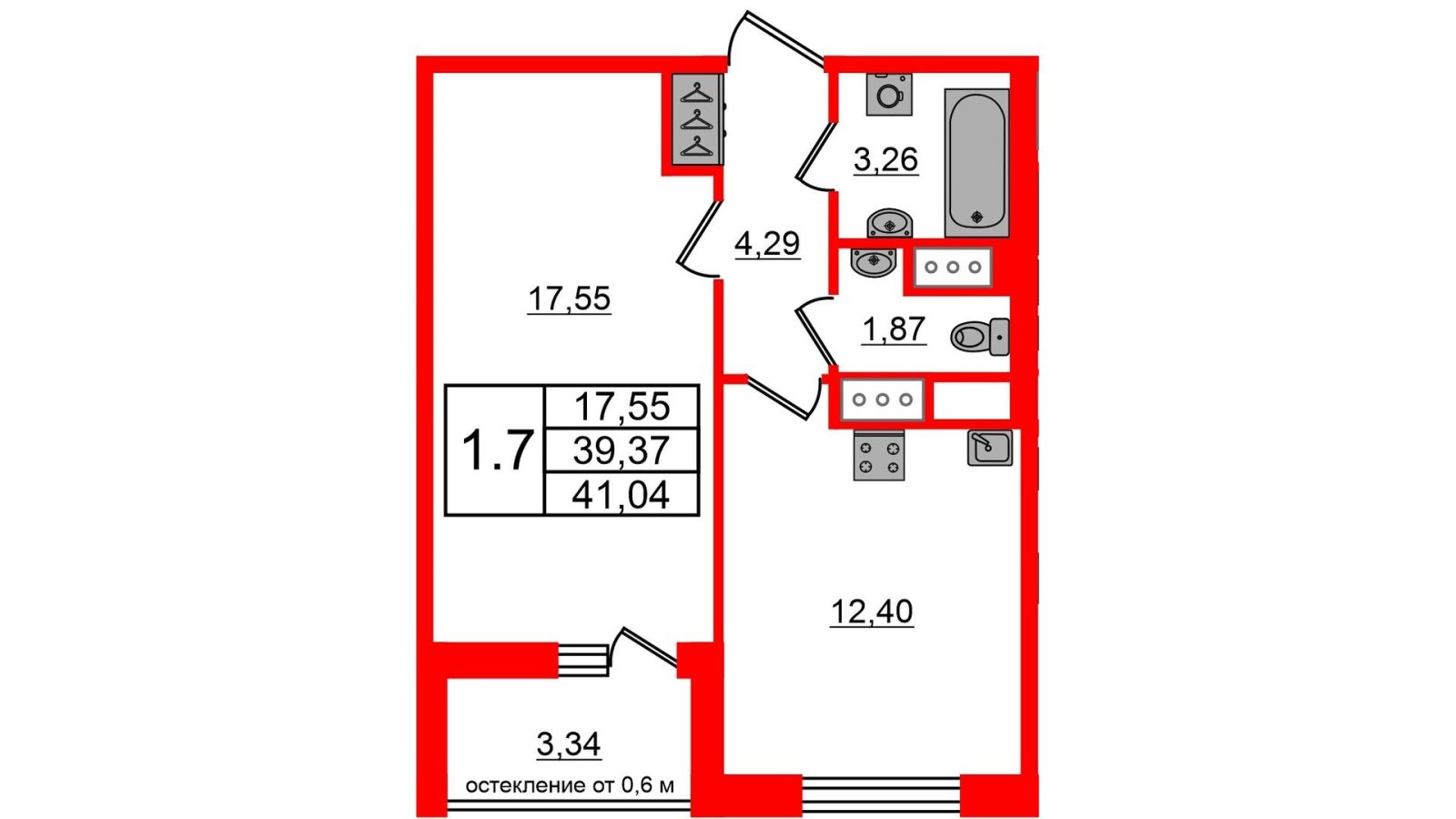 Планировка: 1-комнатная квартира, 39,4 м²