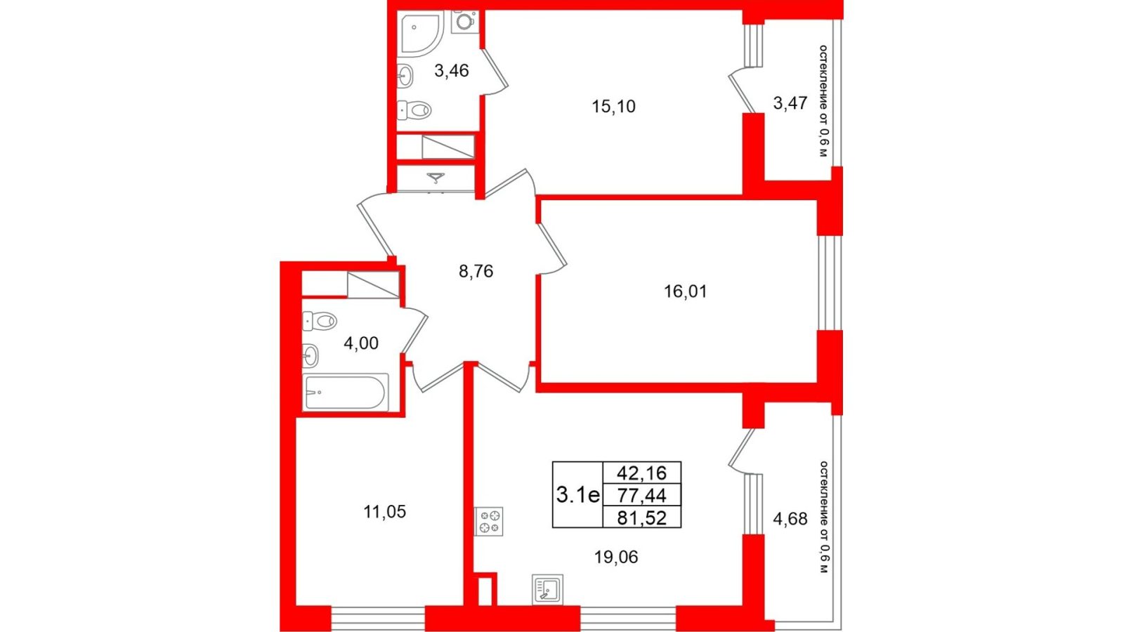 Планировка: 3-комнатная квартира, 77,4 м²