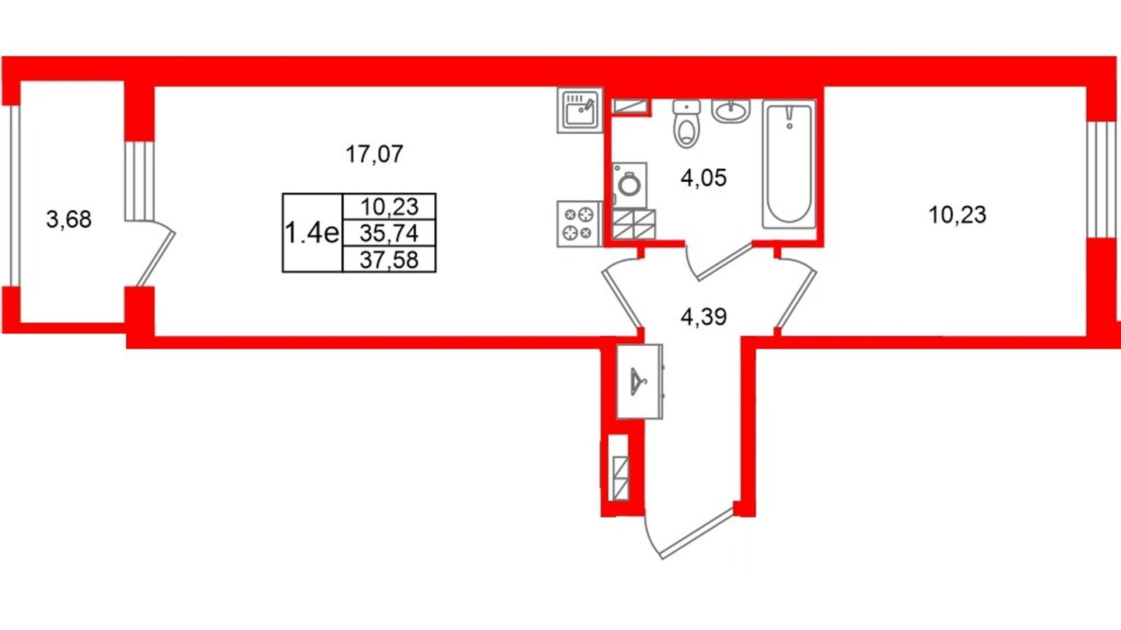 Планировка: 1-комнатная квартира, 35,7 м²