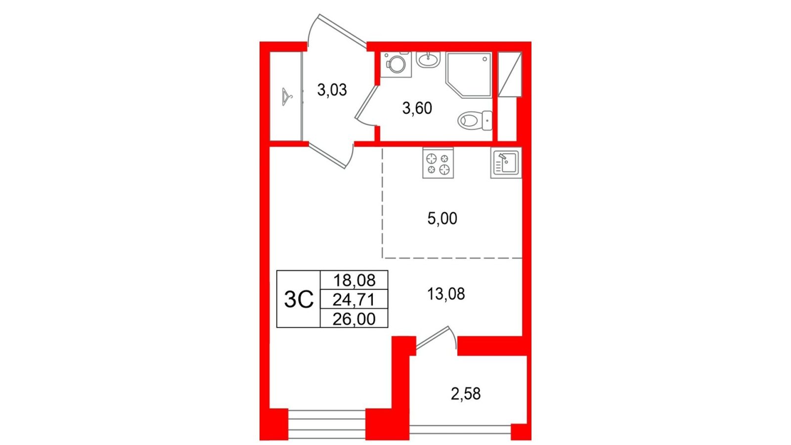 Планировка: студия, 24,7 м²