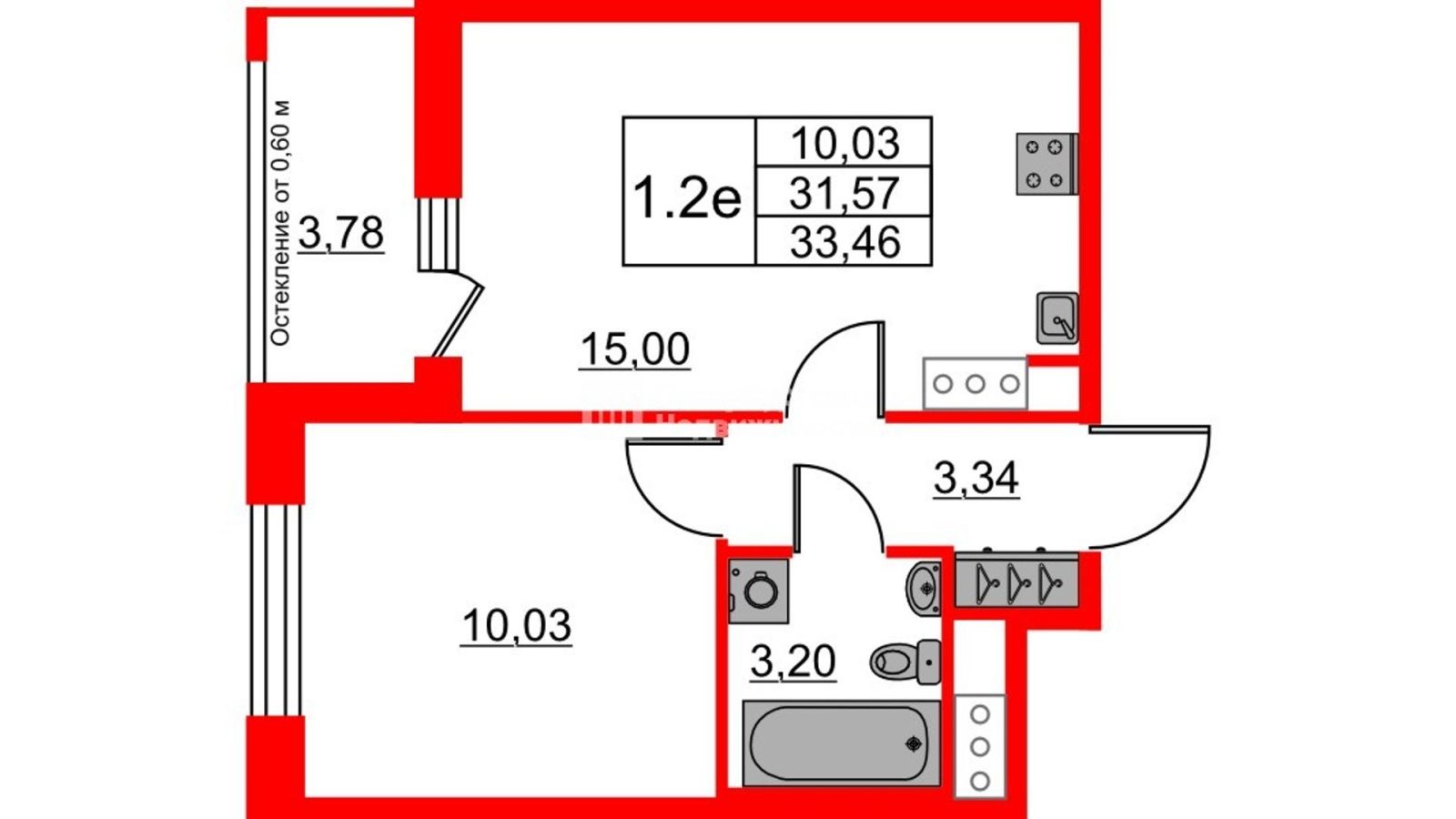 Планировка: 1-комнатная квартира, 31,6 м²
