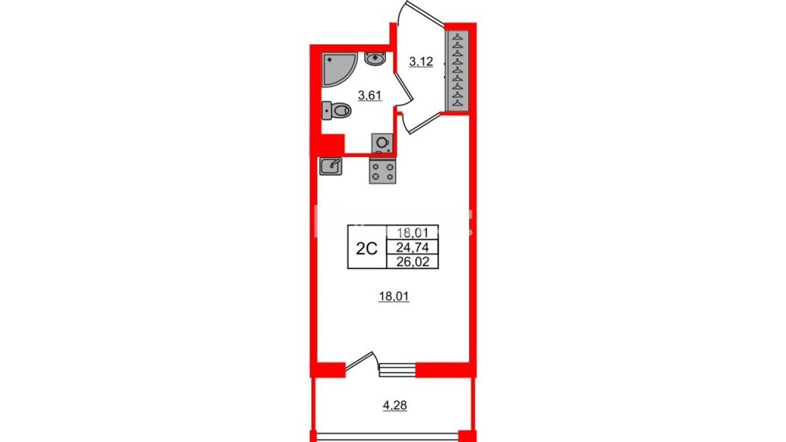 Планировка: студия, 24,7 м²