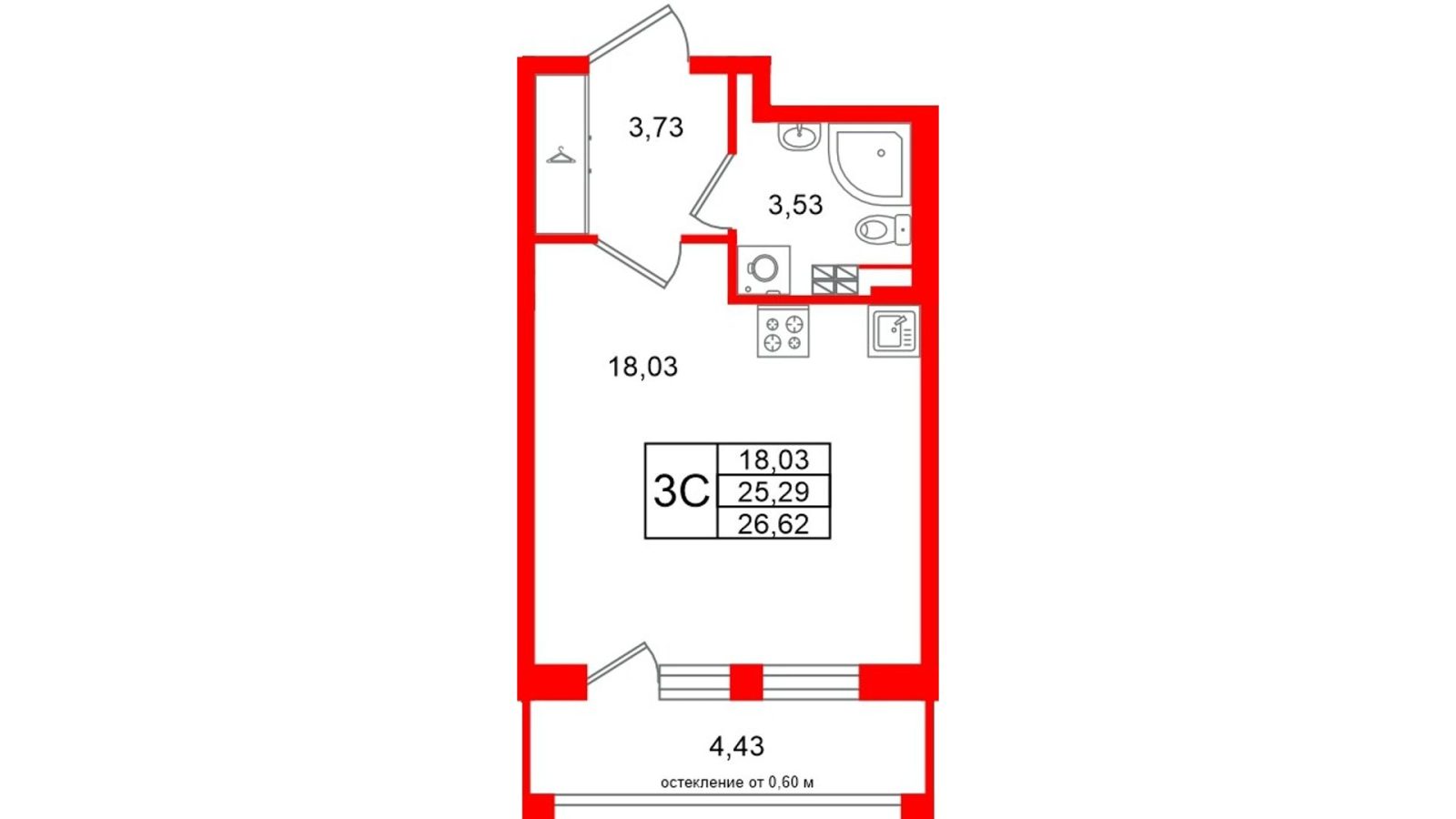 Планировка: студия, 25,3 м²