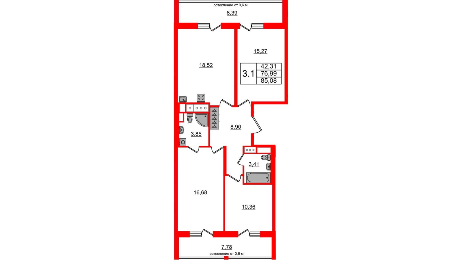 Планировка: 3-комнатная квартира, 77,0 м²